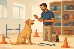 A dog trainer working with a dog using treats and training tools in an indoor training area.