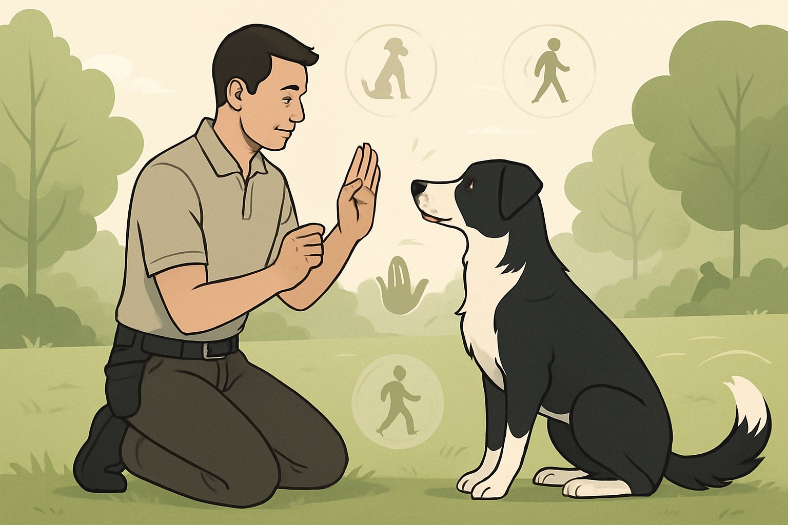 A dog trainer kneeling on grass giving a hand signal to a sitting dog in a park setting.