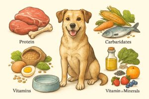 A healthy dog surrounded by images of meat, eggs, grains, vegetables, fruits, seeds, fish oil, and a bowl of water representing its core nutritional needs.