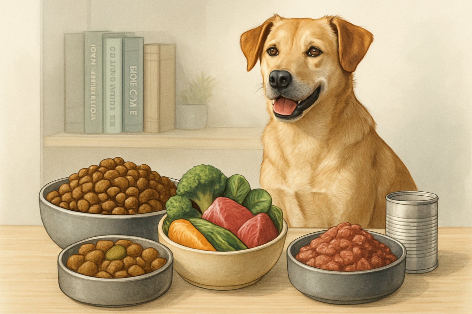 A healthy dog sitting next to bowls of various dog foods and fresh ingredients on a table.
