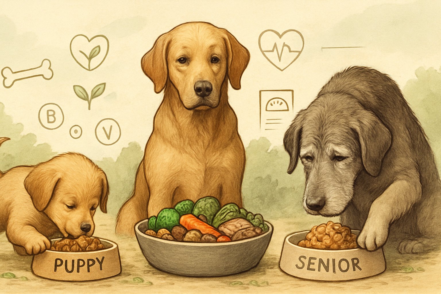 Various dogs of different ages eating appropriate food in a natural setting representing their life stages and dietary needs.