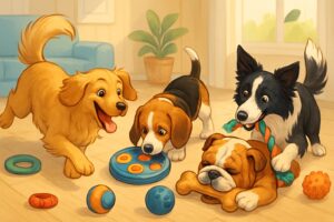 Several dogs with different personalities playing with various toys in a cozy indoor setting.