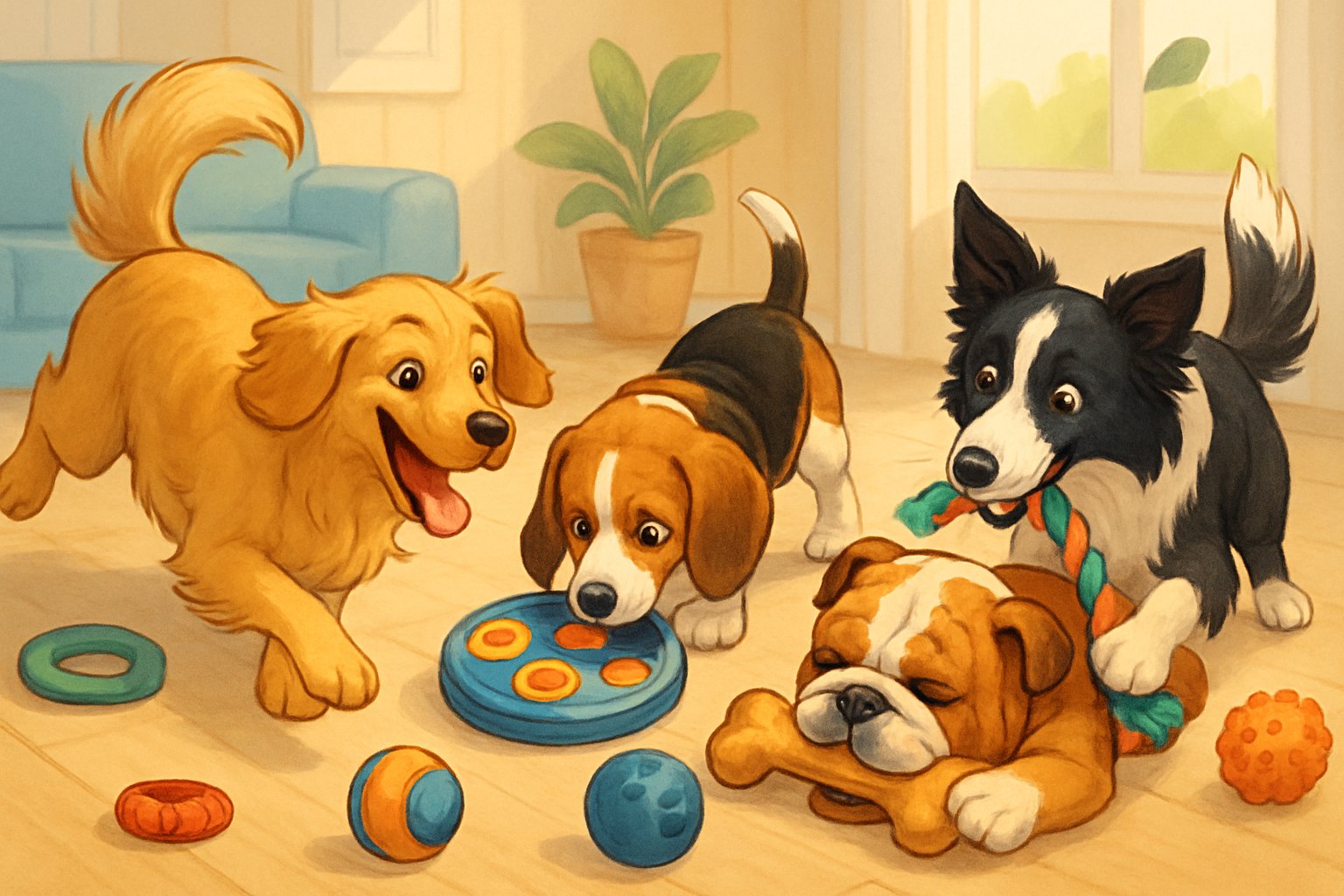 Several dogs with different personalities playing with various toys in a cozy indoor setting.