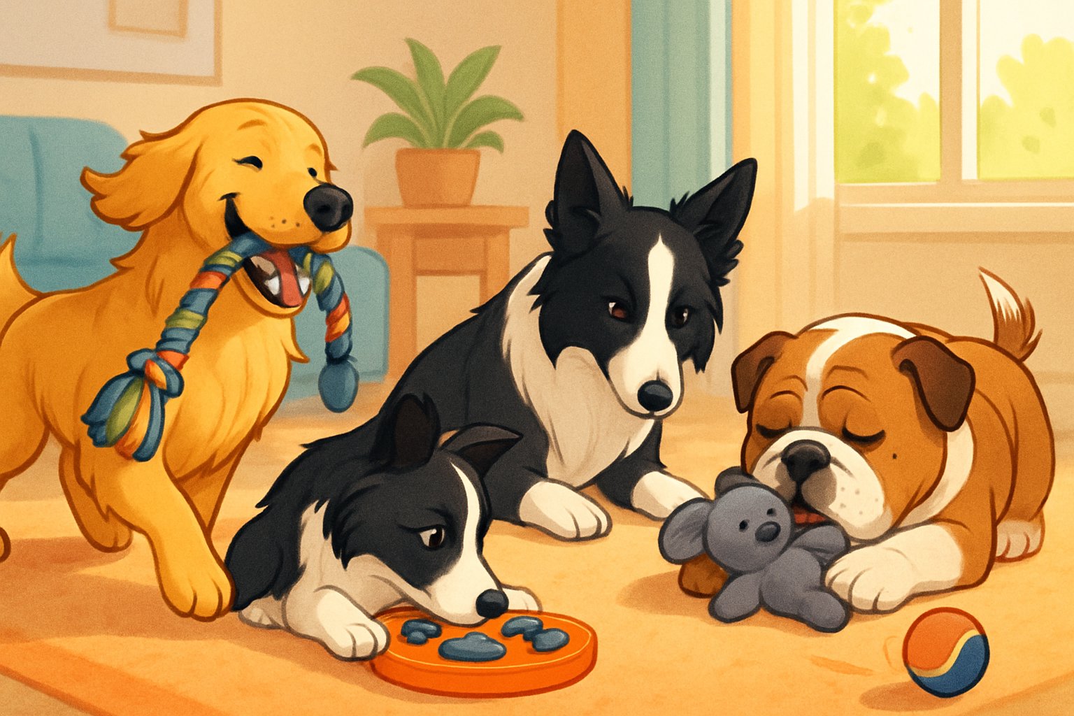 Several dogs of different breeds playing with various toys that match their personalities in a bright indoor setting.