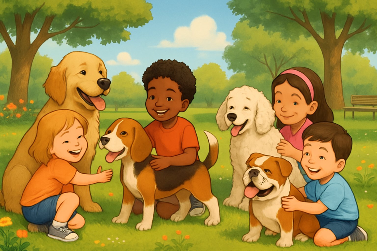 A group of children happily playing and interacting with five different dog breeds in a sunny park.