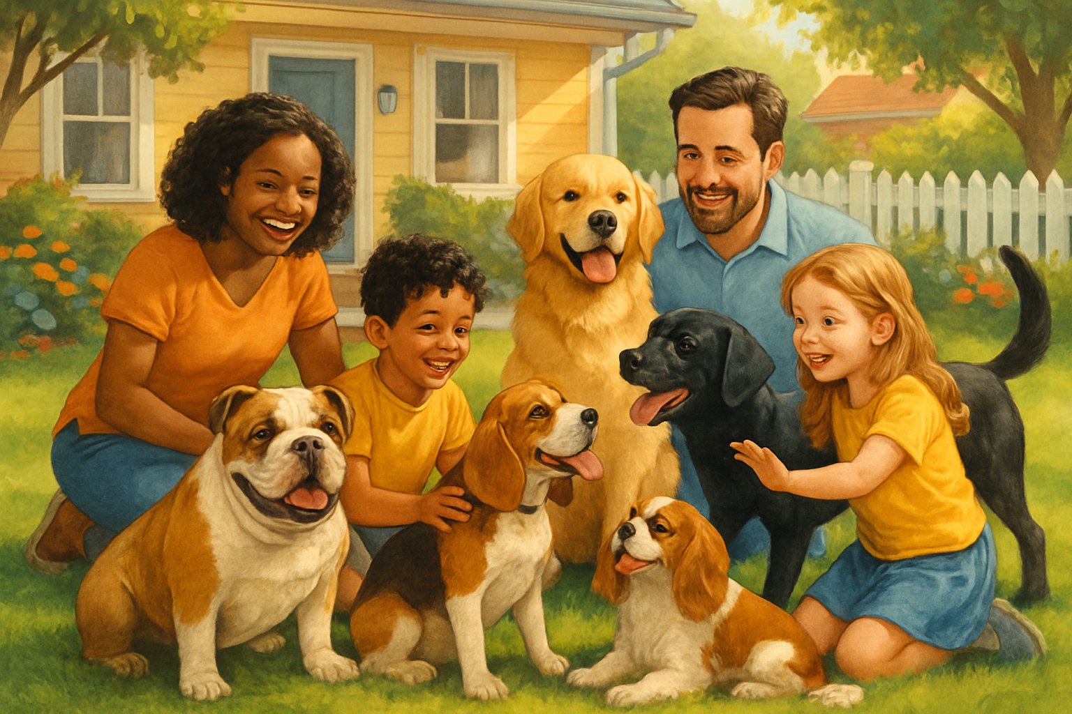 A family with two children playing happily with five different friendly dog breeds in a sunny backyard.