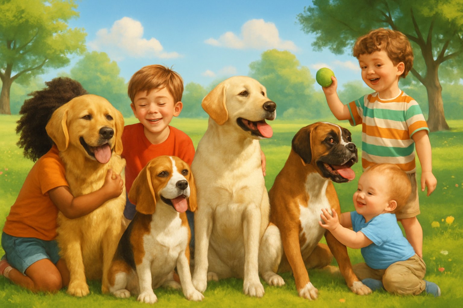 Five different dog breeds playing happily with children in a sunny park setting.