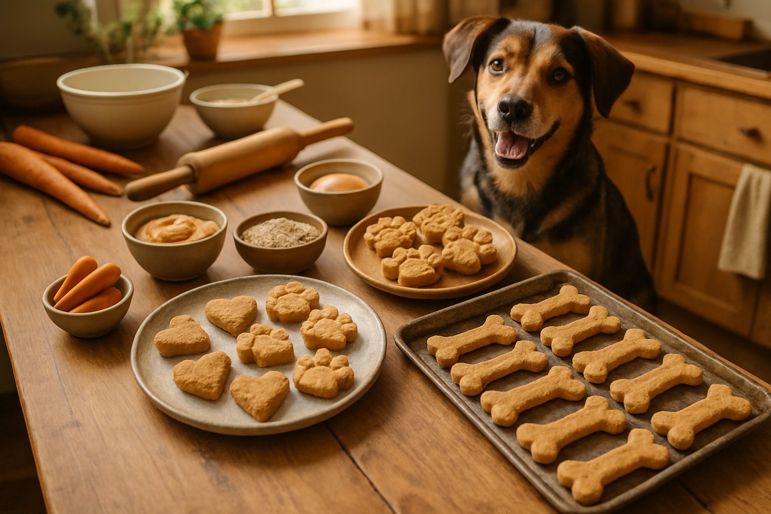 A dog watches homemade dog treats shaped like bones and paws on a kitchen counter with baking ingredients nearby.
