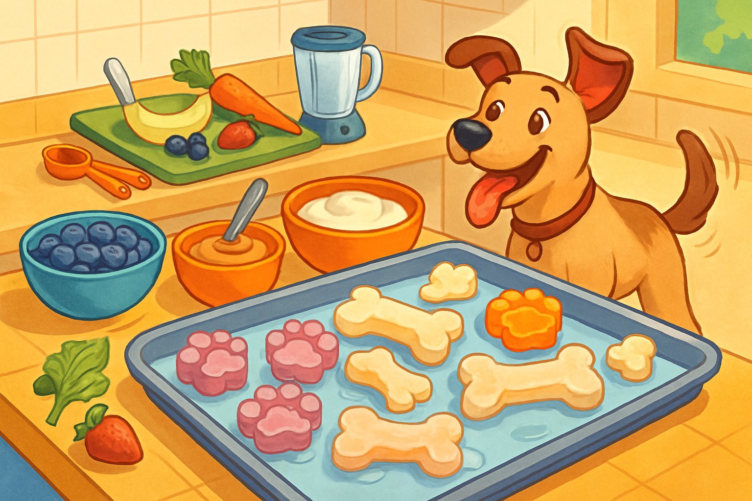 A kitchen scene showing bowls of natural ingredients and frozen dog treats shaped like bones and paws, with a happy dog watching nearby.