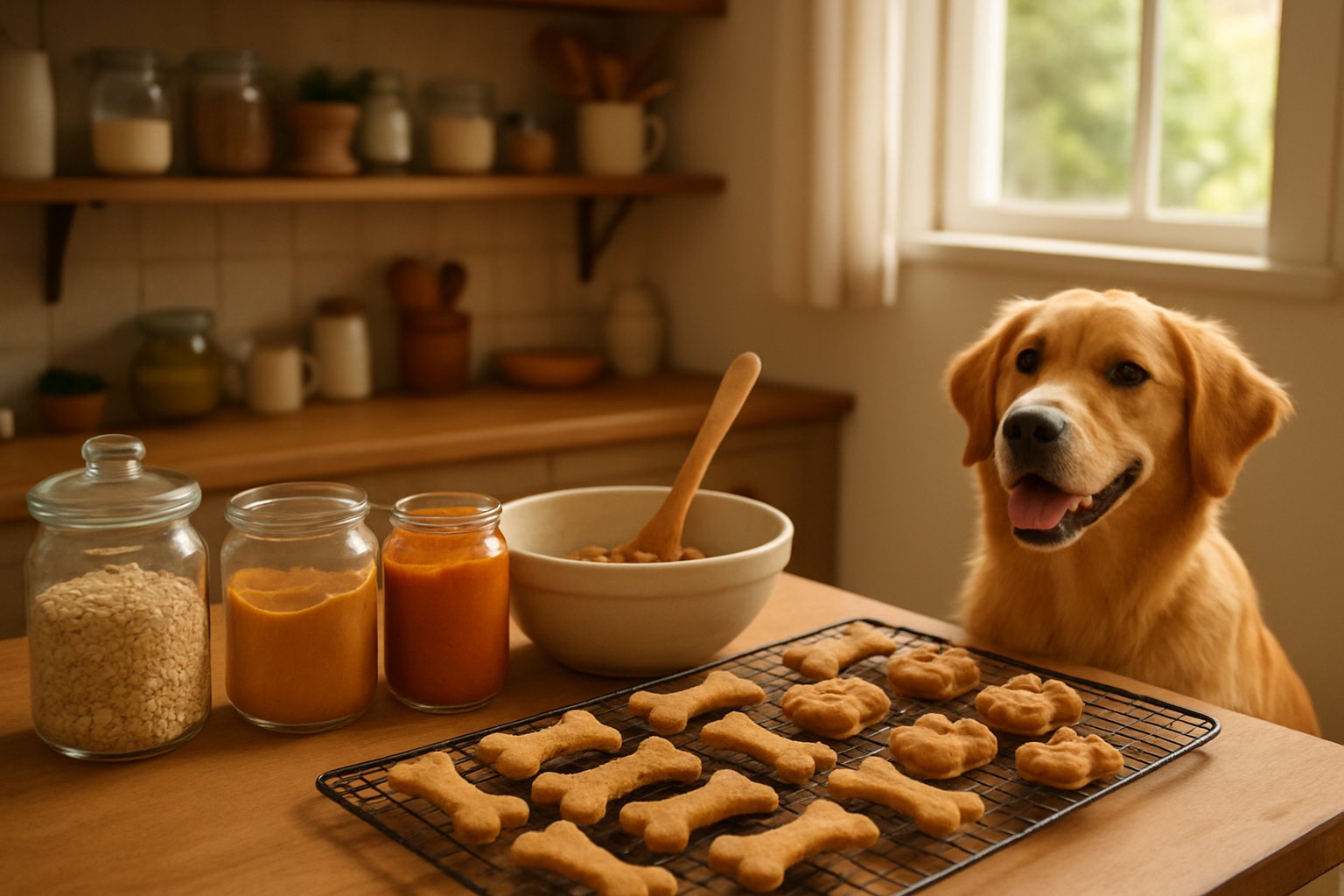 A kitchen countertop with jars of ingredients, a mixing bowl with dough, freshly baked dog treats on a rack, and a golden retriever watching nearby.