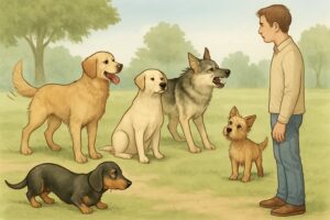 Several dogs displaying different body language signals while a person watches them attentively in an outdoor setting.