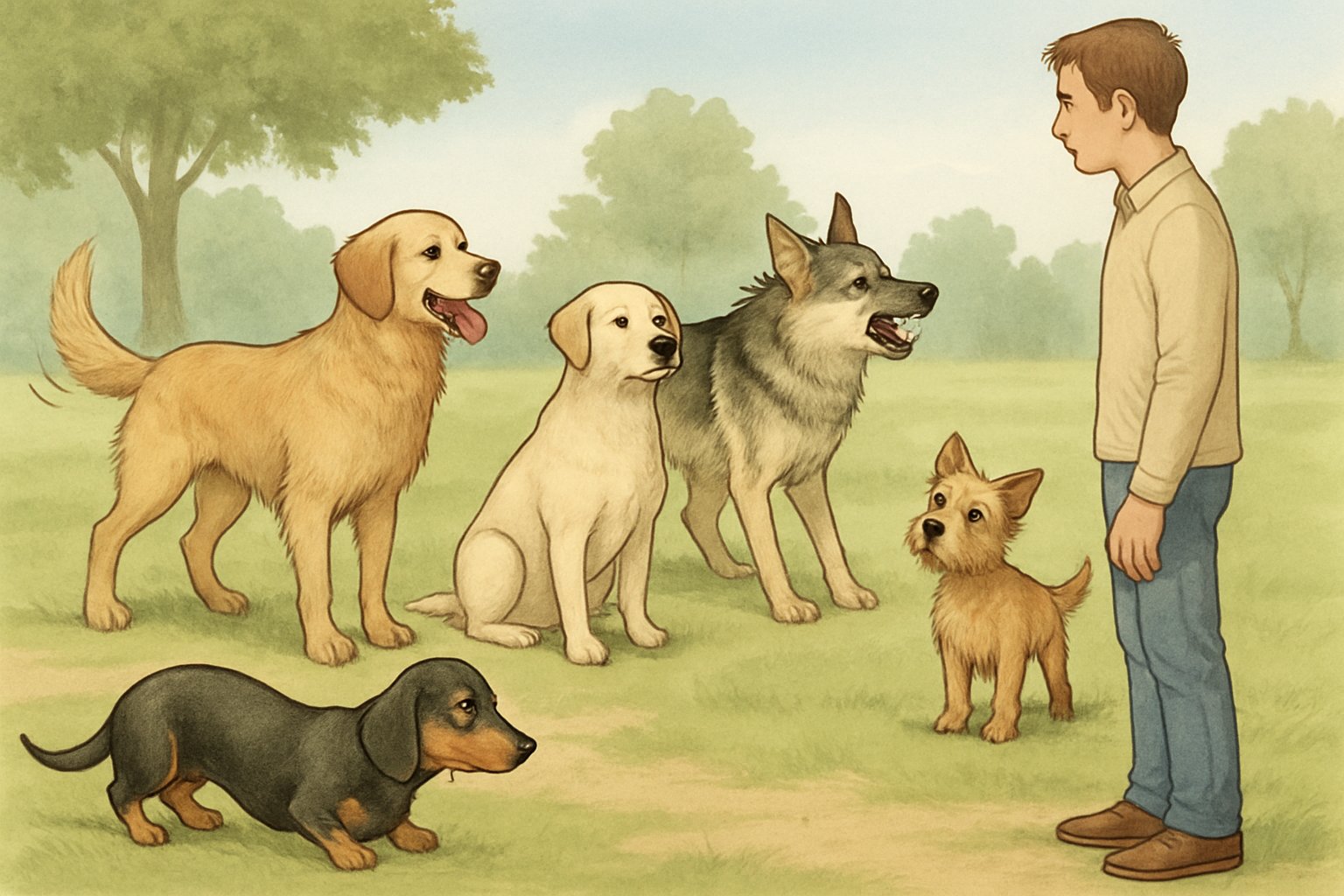 Several dogs displaying different body language signals while a person watches them attentively in an outdoor setting.