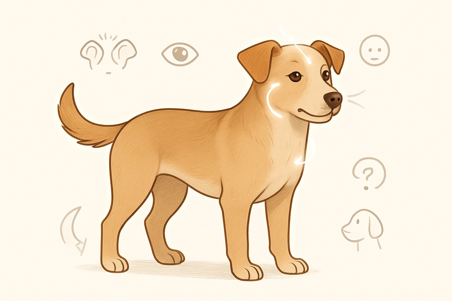 Illustration of a dog with key body parts highlighted to show different emotions and body language cues.