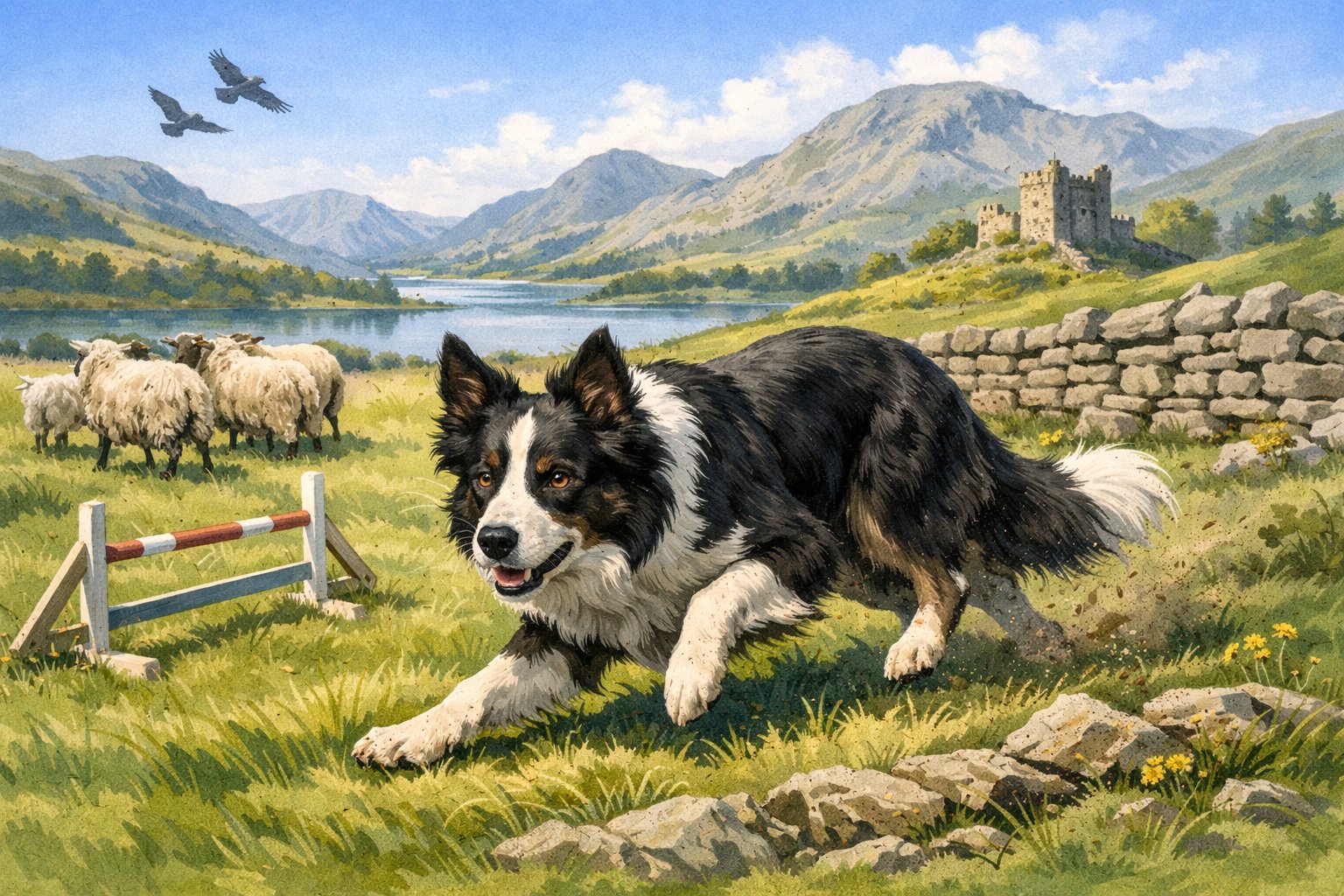 A Border Collie herding sheep on a green hillside with rolling hills and stone fences in the background.