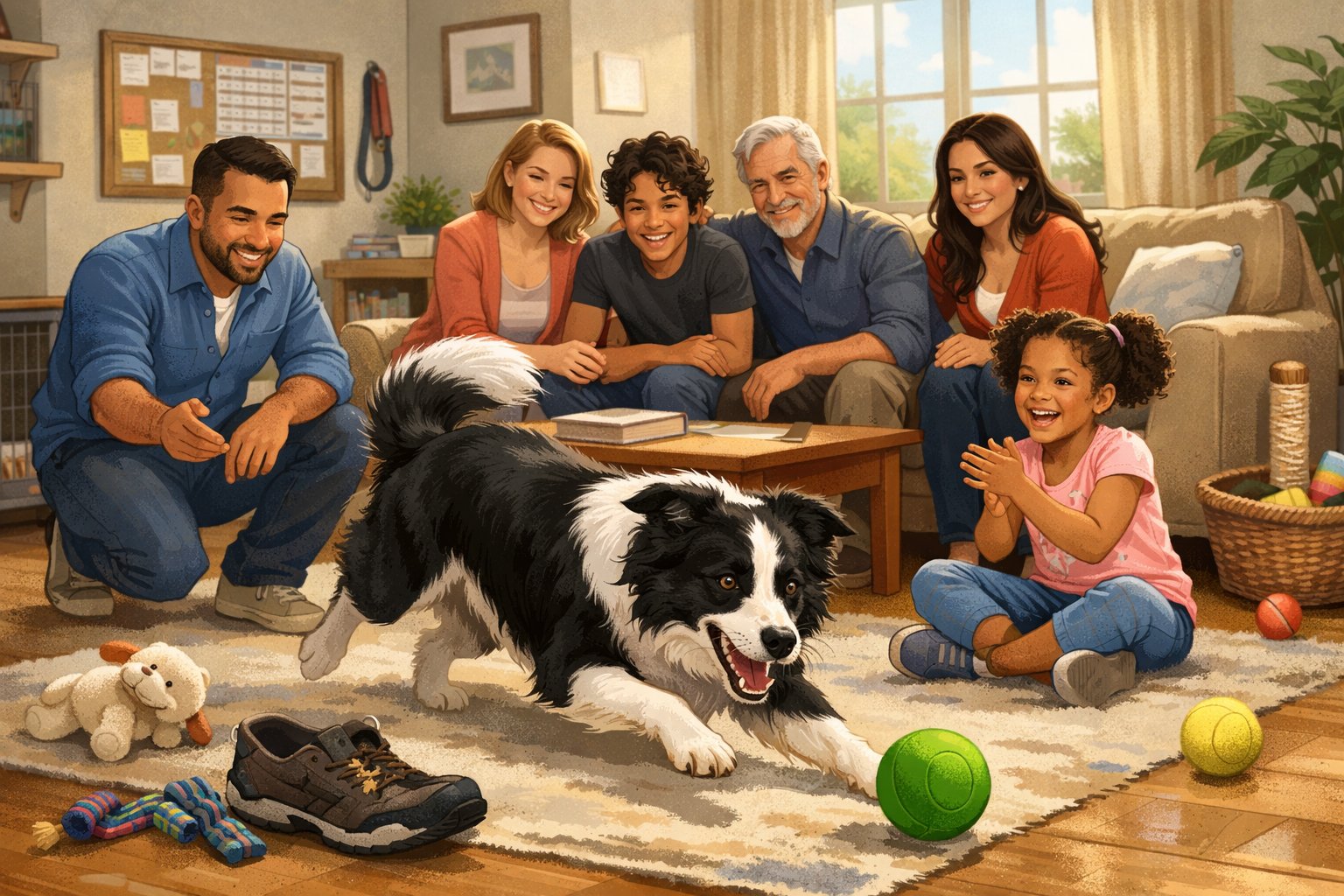 A Border Collie playing with a family of adults and children in a bright living room, with toys and a chewed shoe visible on the floor.