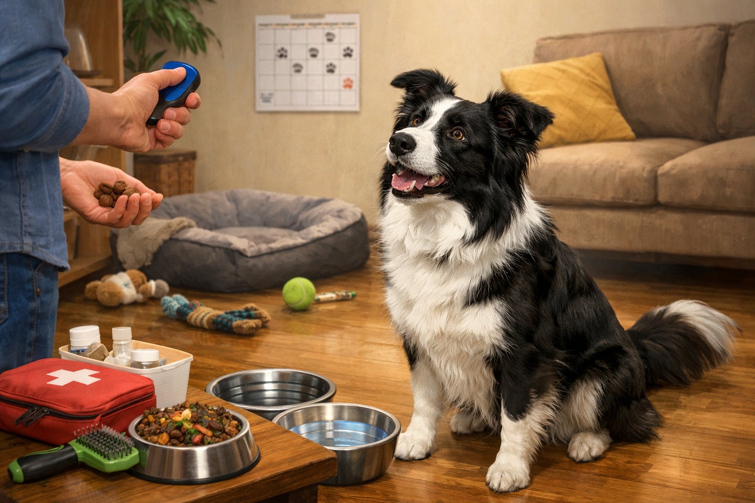 A Border Collie responding to training commands in a cozy home with dog care items like food, water, grooming tools, and a vet appointment calendar.