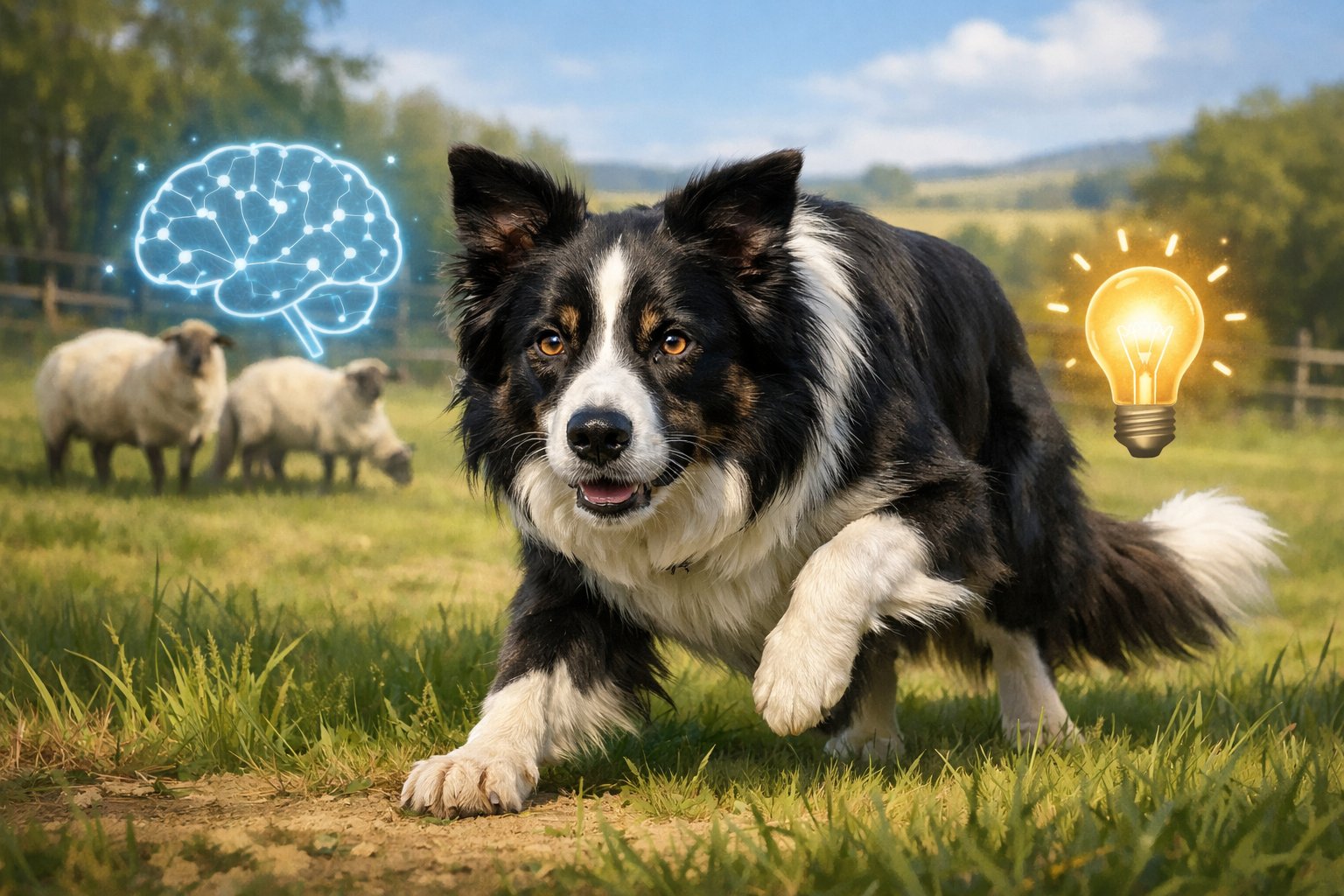 A Border Collie standing alert in a grassy field with sheep in the background, showing an attentive and intelligent expression.