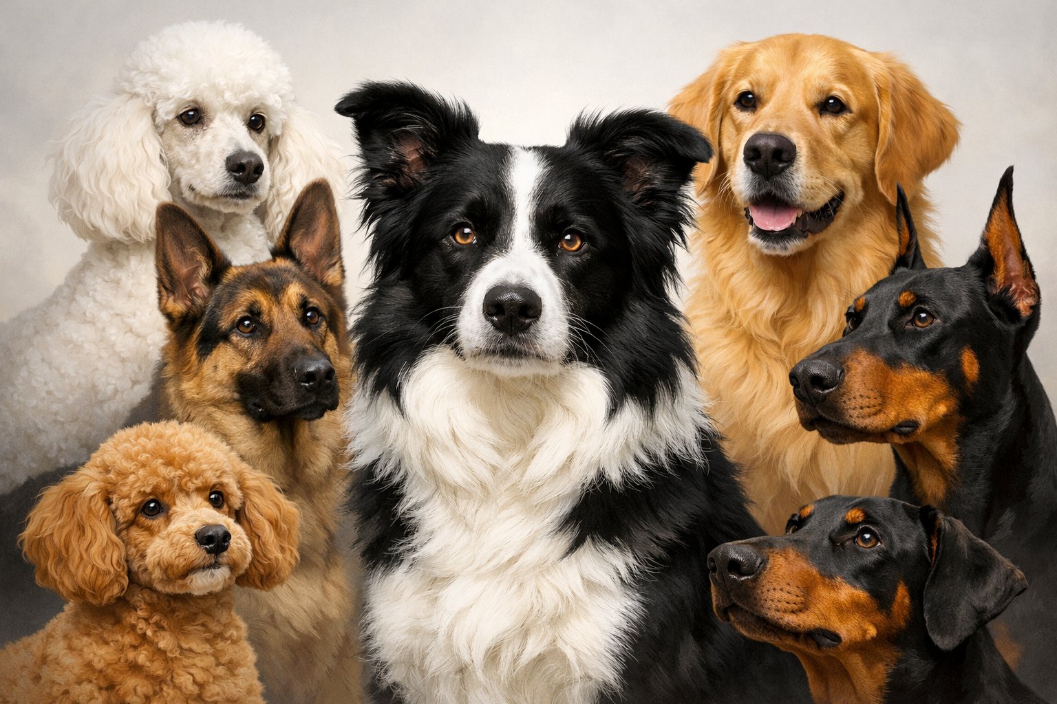 A Border Collie stands in the center surrounded by several other intelligent dog breeds, all looking alert and attentive.