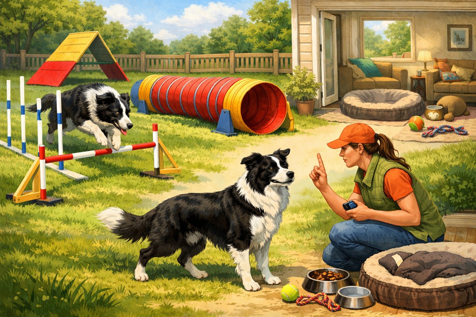 A Border Collie navigating an agility course and interacting with a trainer outdoors, with a home setting and fenced yard in the background.