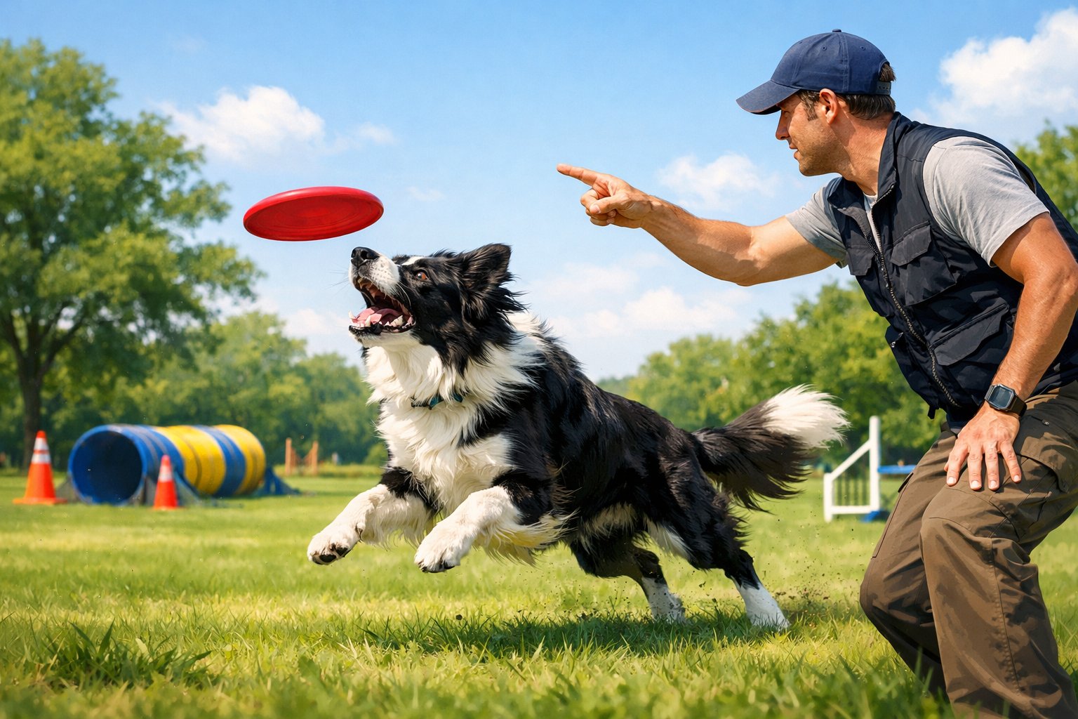A Border Collie actively training outdoors with a person giving commands in a green park setting.