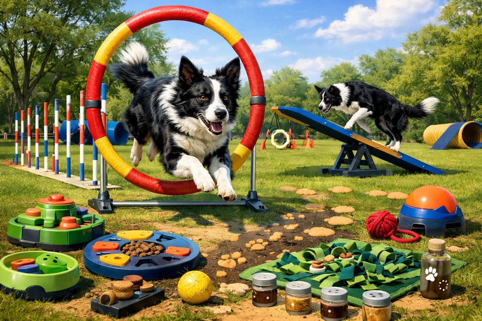 A Border Collie performing agility exercises and using enrichment toys in an outdoor training area.