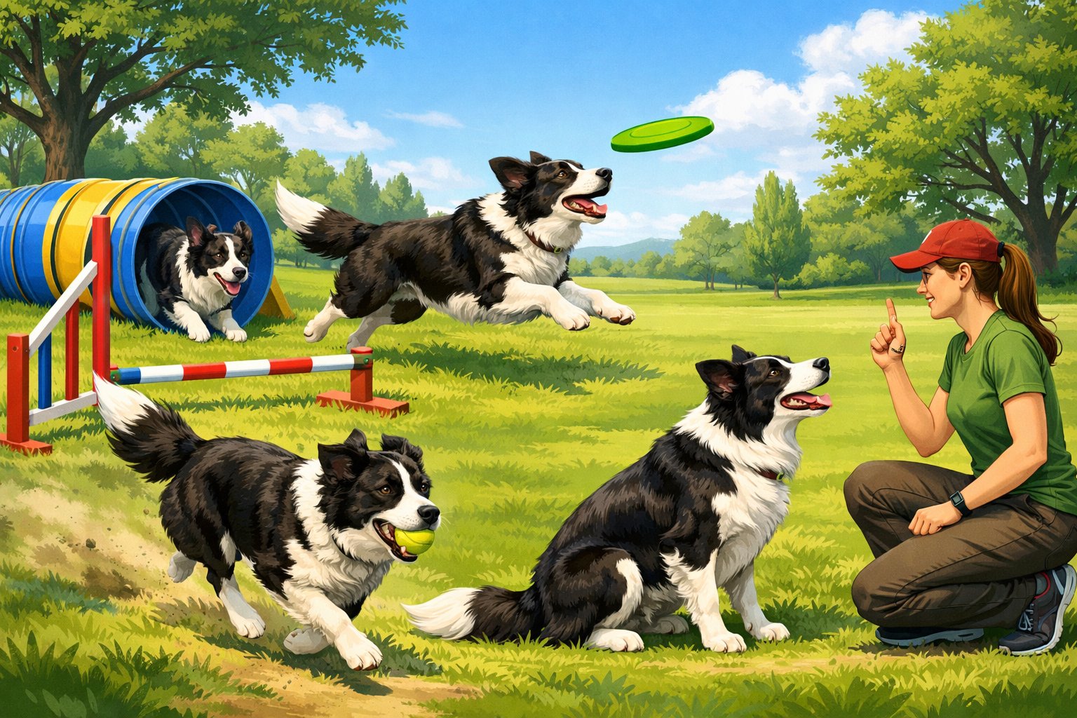 A Border Collie running through an agility course, playing fetch, and training outdoors in a park.