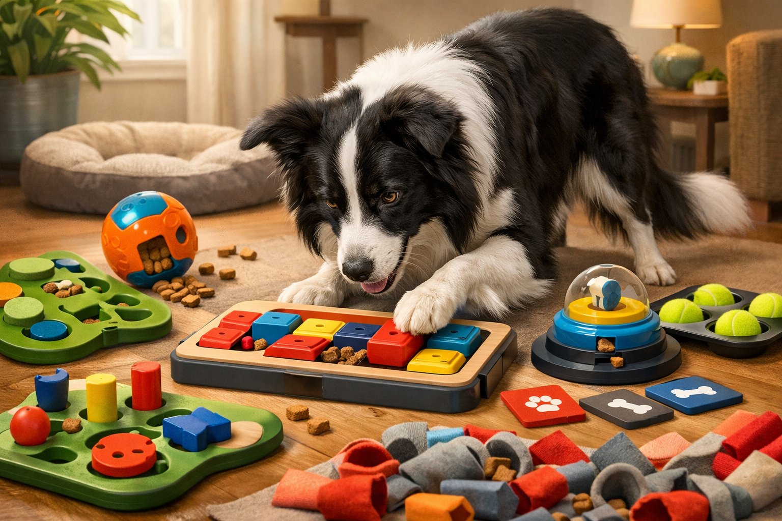 A Border Collie playing with various mental stimulation toys indoors, focusing on solving a puzzle game.