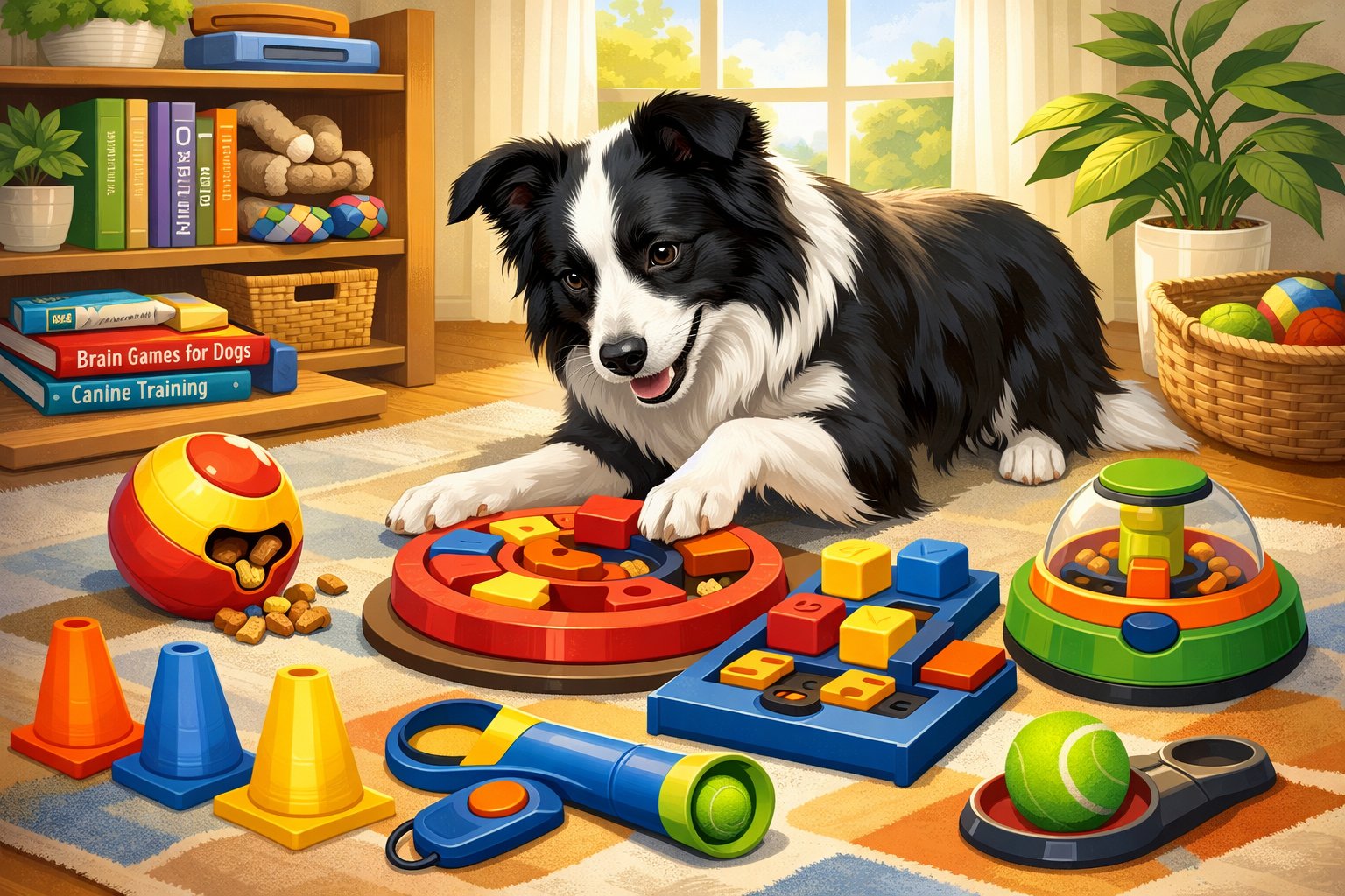 A Border Collie actively solving puzzle toys and surrounded by training tools in a bright indoor room.