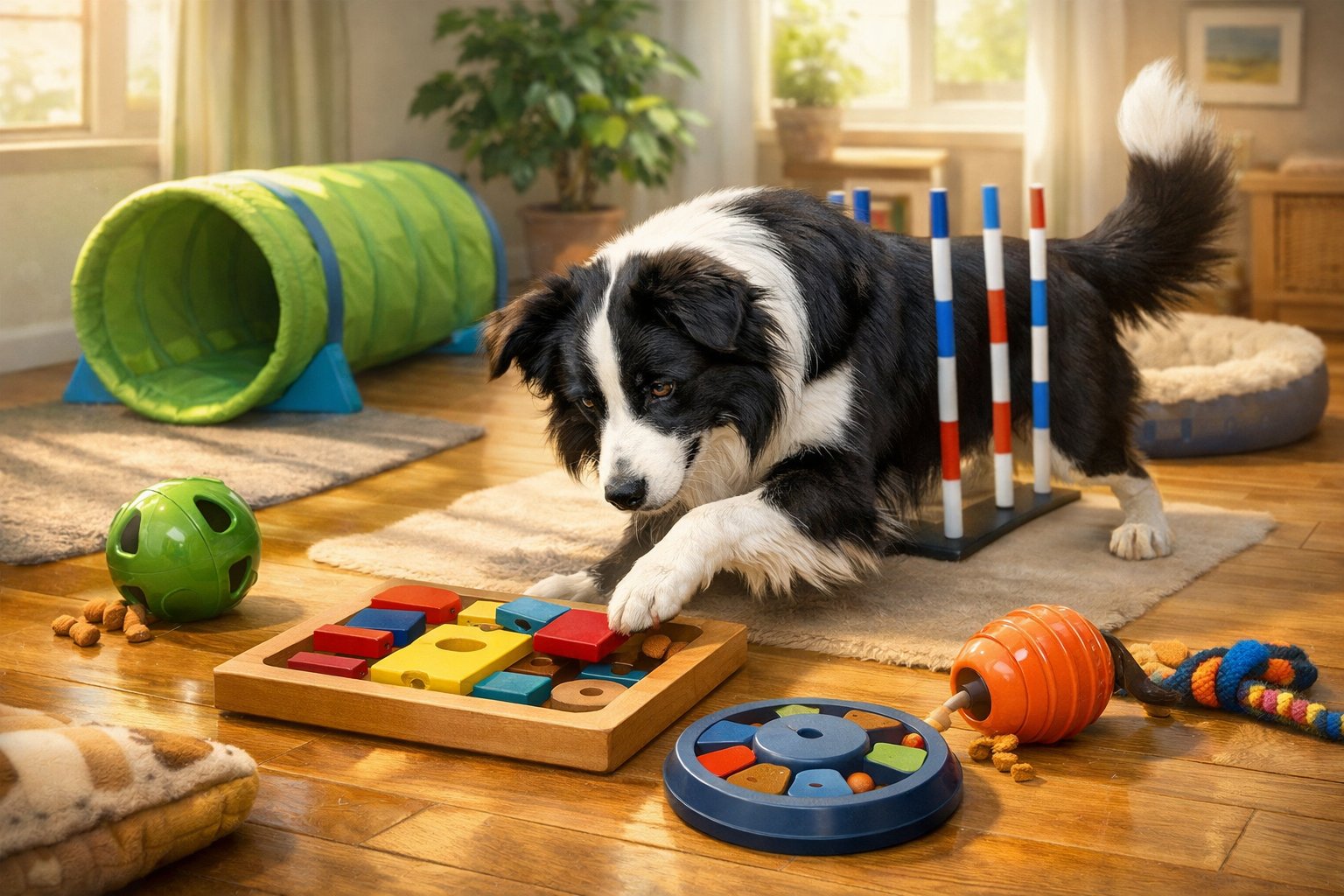 A Border Collie actively playing with puzzle toys and agility equipment indoors, showing focus and engagement.