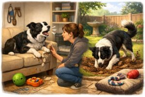 A Border Collie in a home setting showing behavior problems like chewing and barking, with a trainer and toys nearby suggesting solutions.