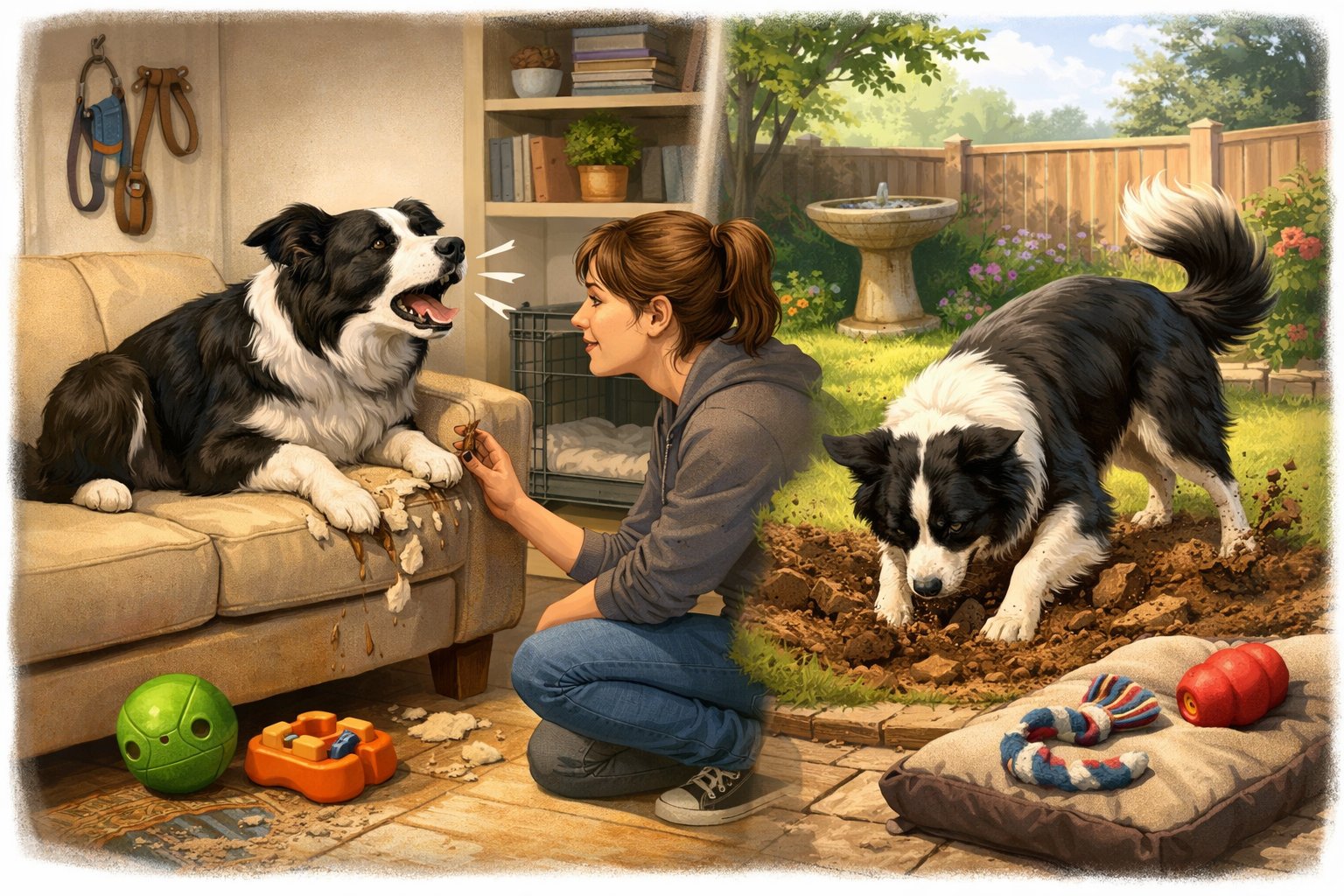 A Border Collie in a home setting showing behavior problems like chewing and barking, with a trainer and toys nearby suggesting solutions.
