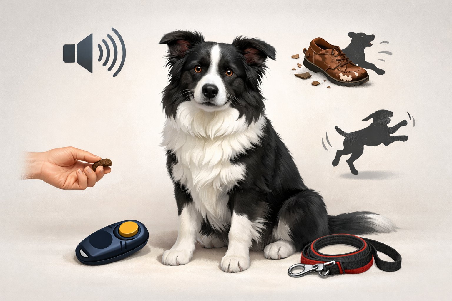 A Border Collie surrounded by icons representing common behavior problems and training tools, illustrating solutions for managing the dog's behavior.