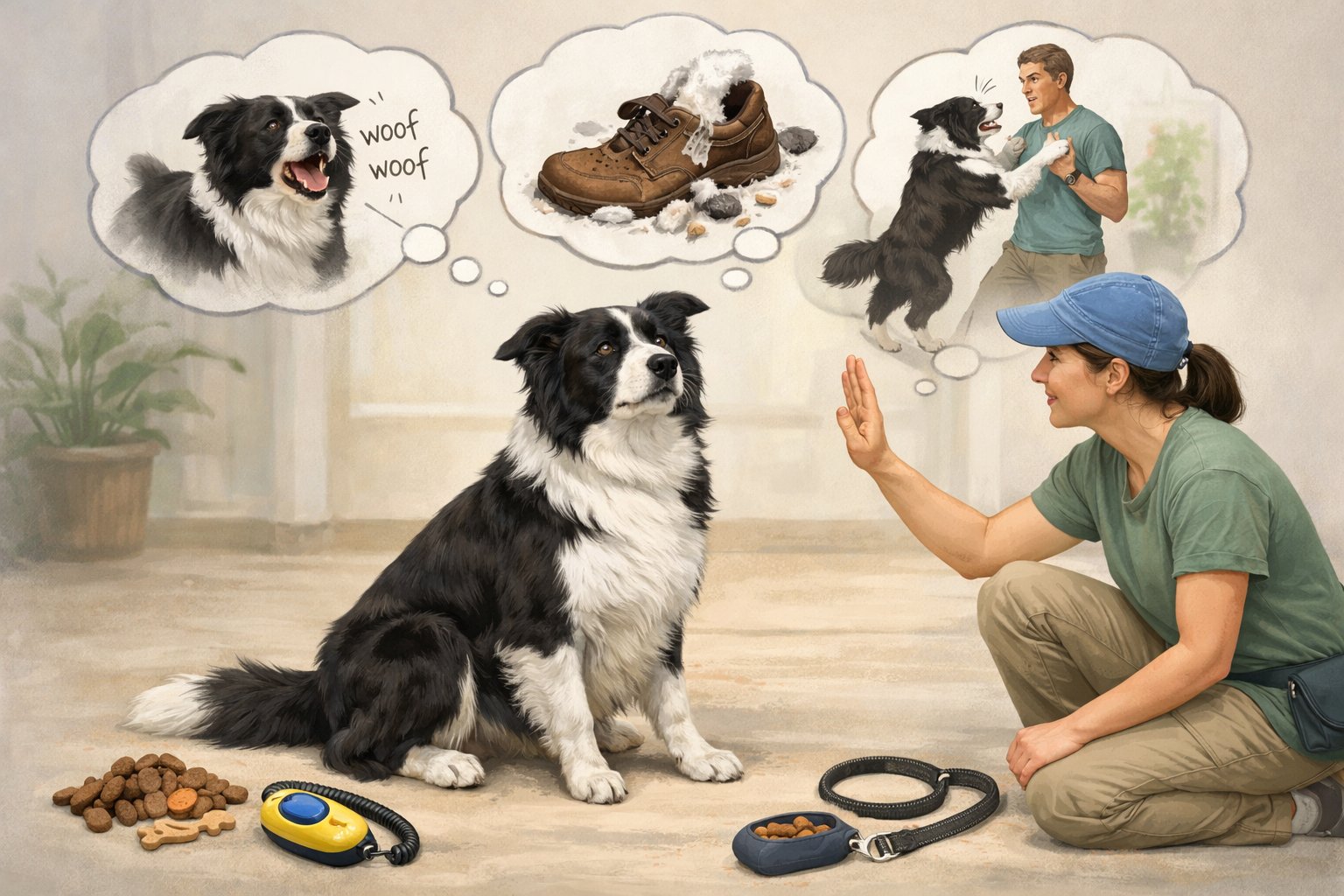 A Border Collie with a dog trainer in an indoor training setting, showing common behavior problems like barking, chewing, and jumping, along with training tools for managing these issues.