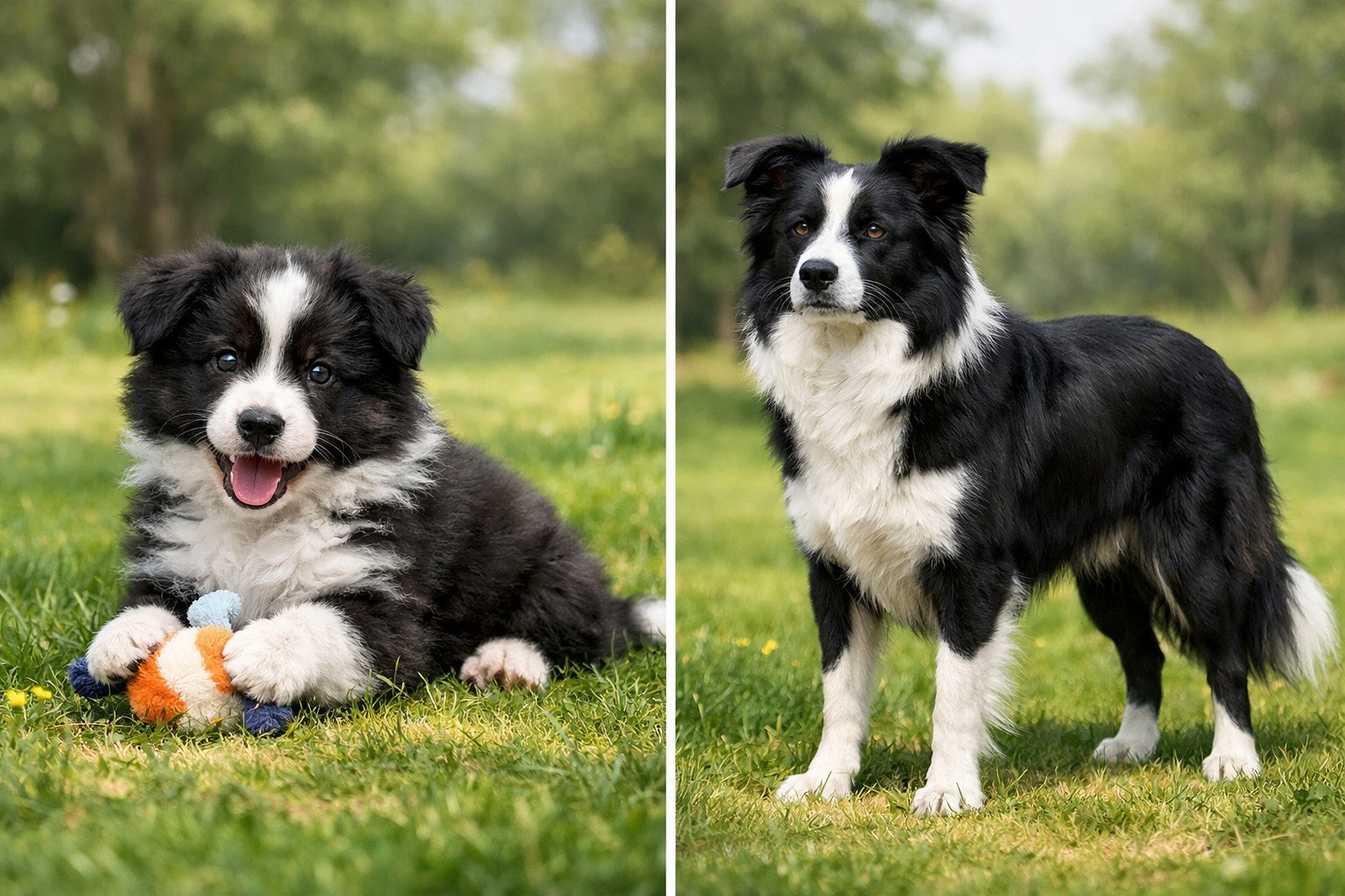 A Border Collie puppy sitting and playing next to an adult Border Collie standing in a grassy outdoor area.