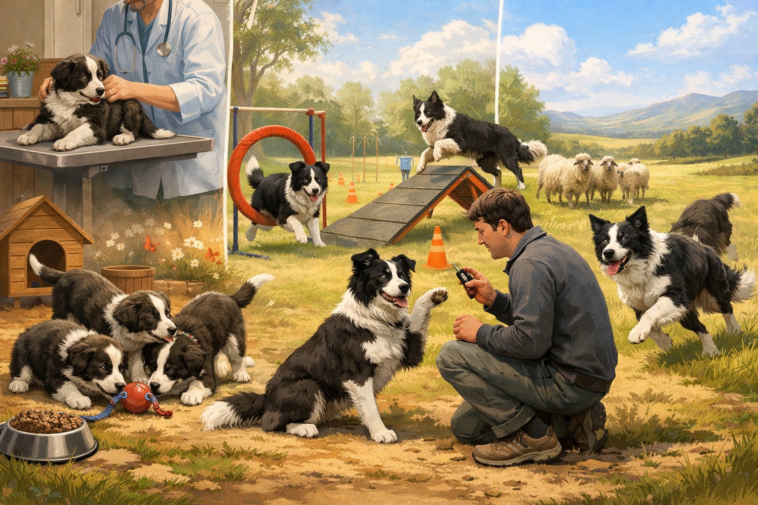 Three connected scenes showing Border Collies growing from playful puppies to trained adolescents to active adult dogs in various activities.