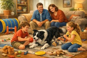 A family with two children happily playing with a Border Collie dog in their living room.