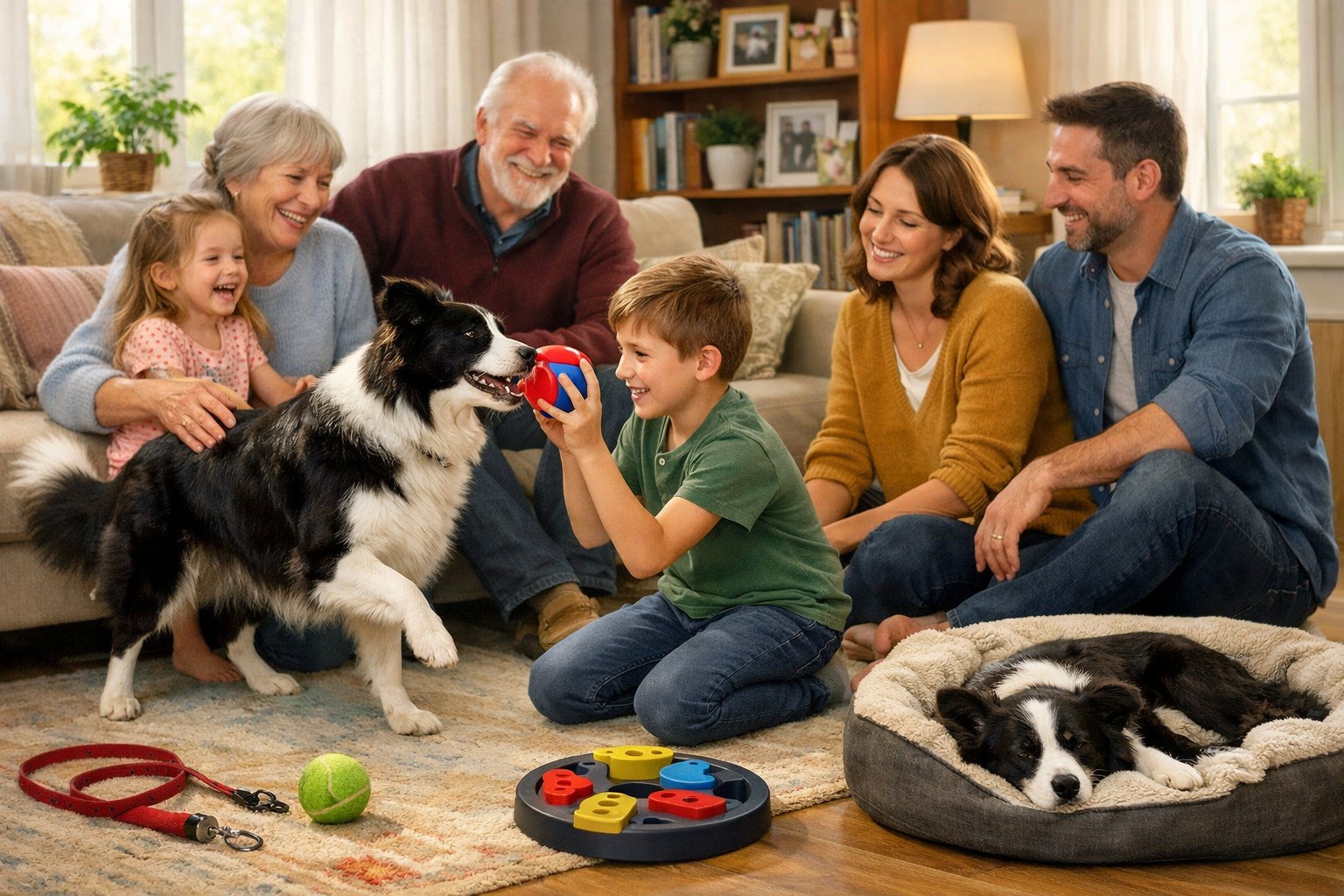 A Border Collie interacting with a family in a cozy living room, showing both playfulness and calmness with toys and a dog bed nearby.