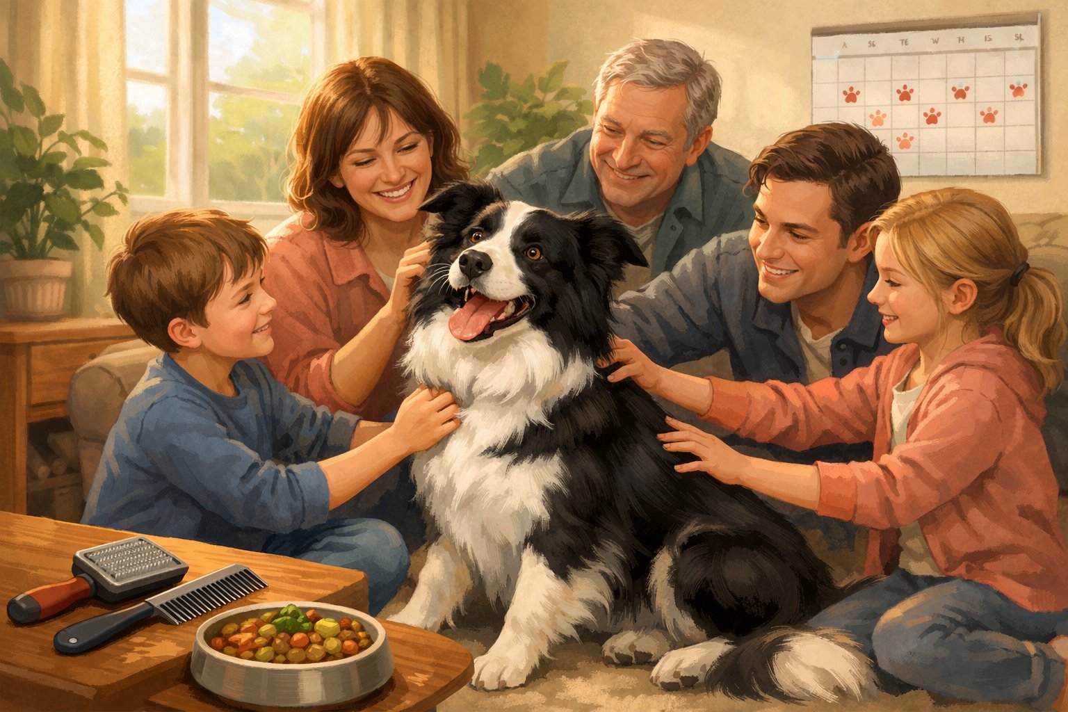 A Border Collie interacting happily with family members in a cozy home, with grooming tools and pet care items nearby.