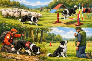 Several Border Collies engaged in different activities including herding sheep, navigating an agility course, assisting in search and rescue, and obedience training in outdoor natural settings.