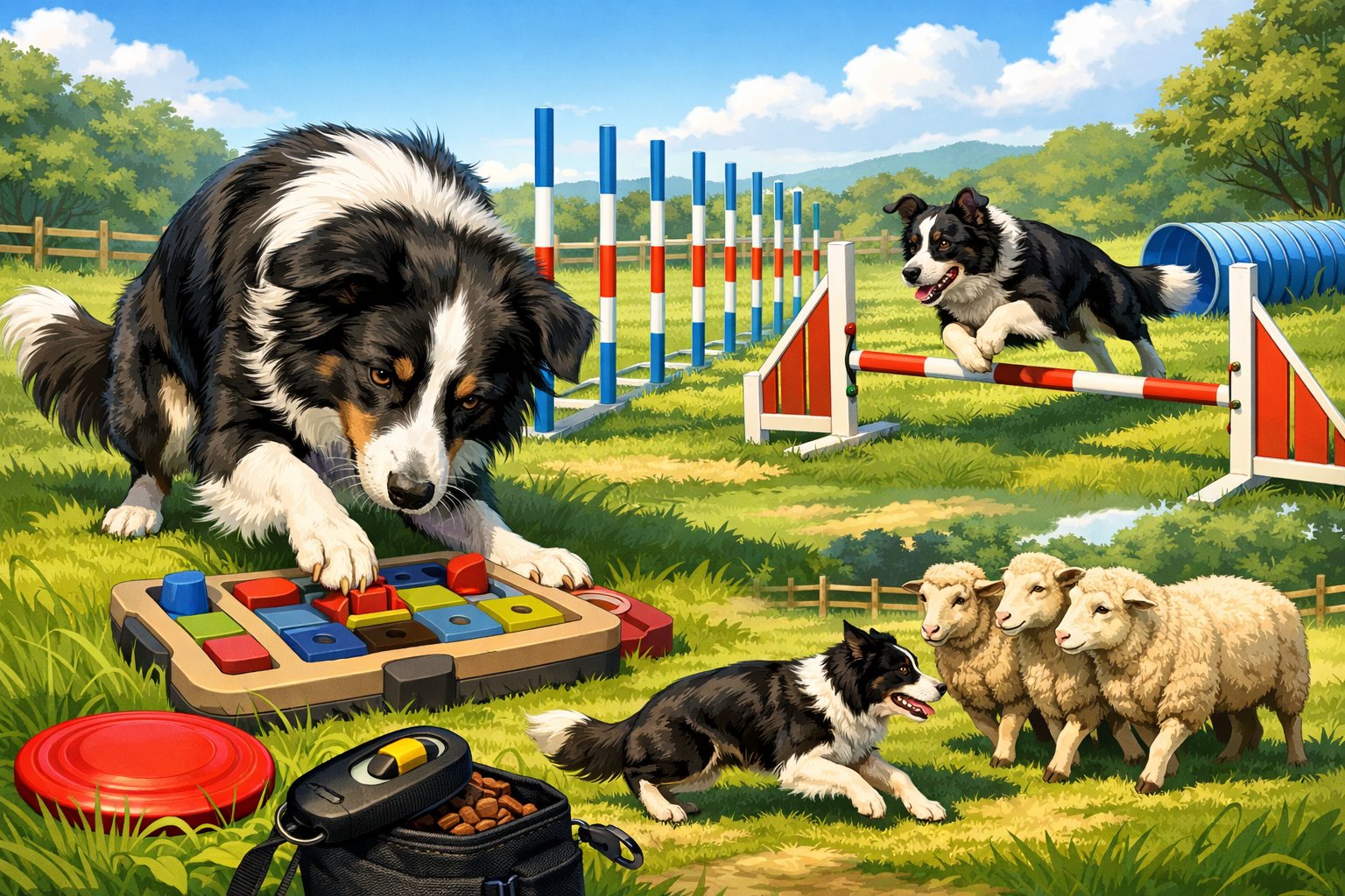 A Border Collie engaged in various activities including solving a puzzle toy, running an agility course, and herding sheep in a green field.