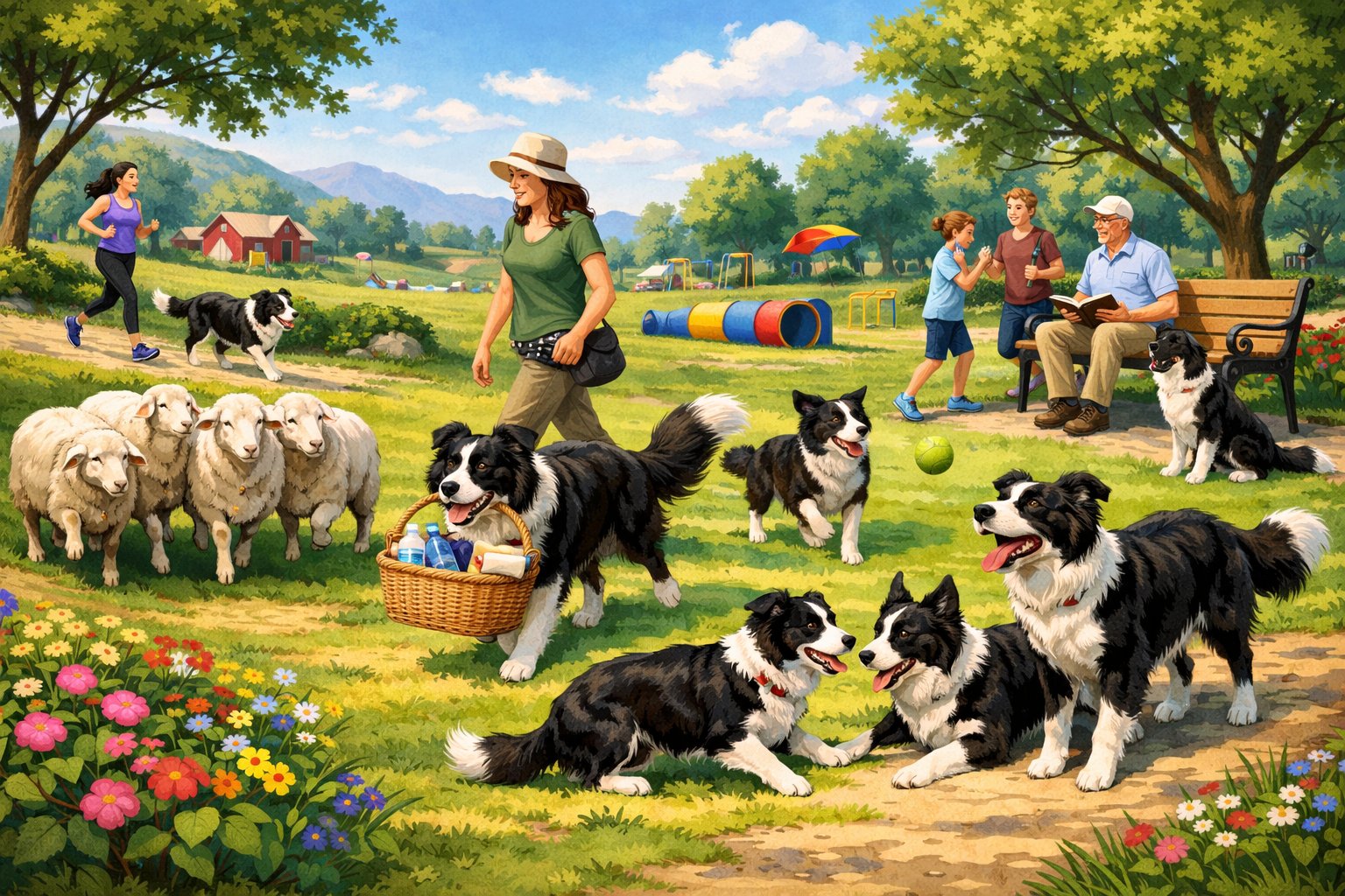 Several Border Collies are shown outdoors engaging in herding sheep, playing fetch, assisting people, and socializing in a green park setting.