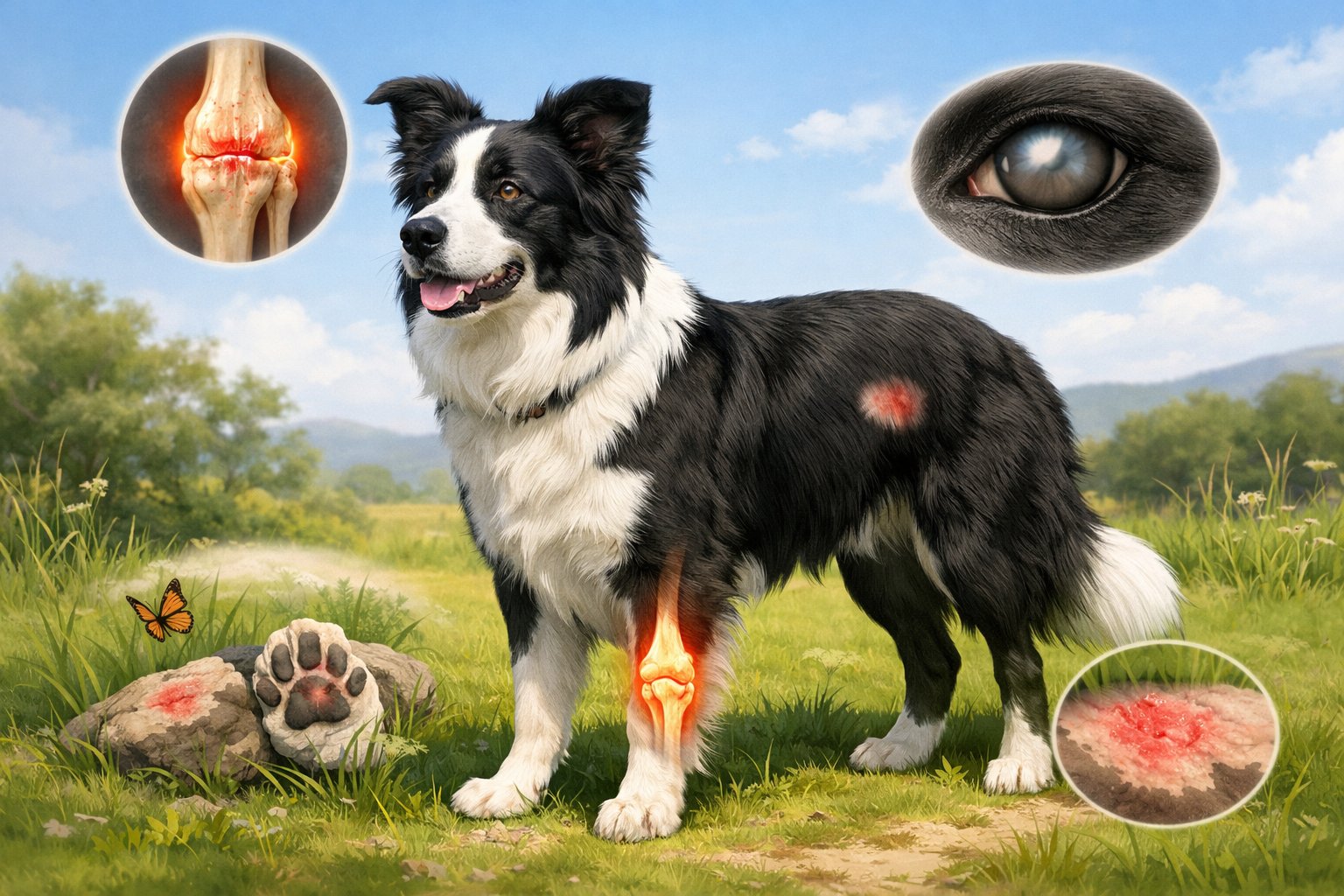 A Border Collie standing alert outdoors with subtle visual symbols representing common health issues to watch for in the breed.