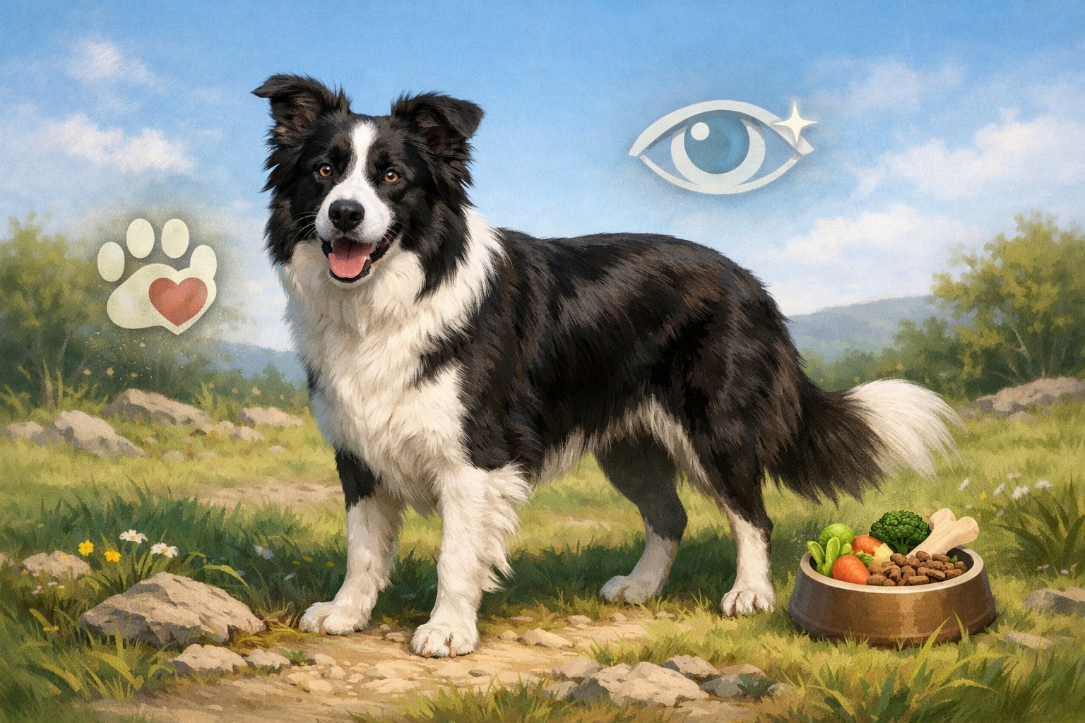 A Border Collie standing alert on a grassy field with subtle symbols around it representing health care and wellbeing.