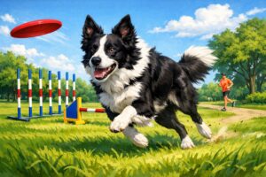 A Border Collie running energetically in a park with agility obstacles and a frisbee in the air.