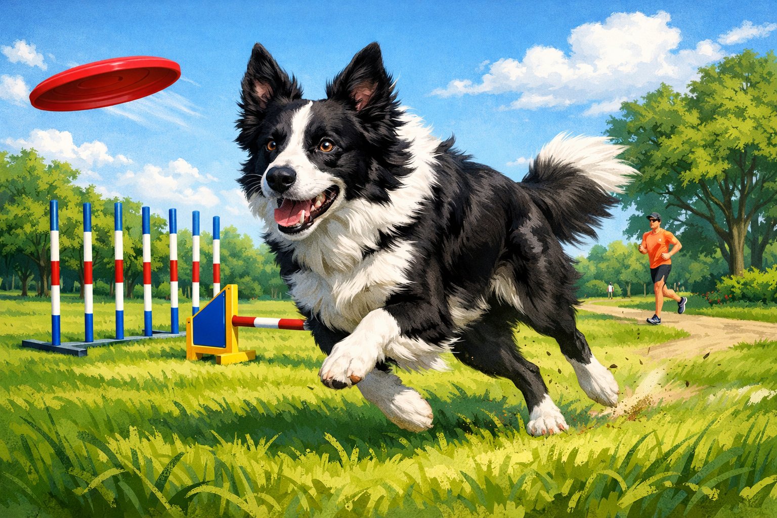 A Border Collie running energetically in a park with agility obstacles and a frisbee in the air.