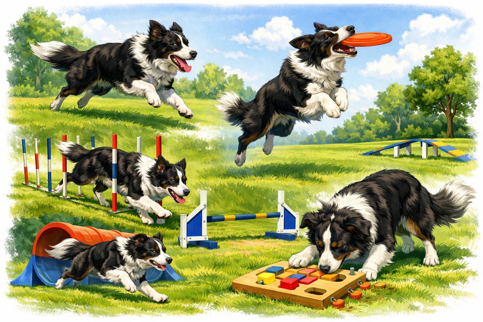 A Border Collie running, catching a frisbee, navigating an agility course, and playing with a puzzle toy in a green park.