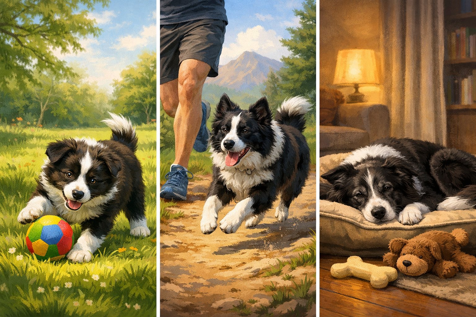 Three Border Collies at different life stages: a puppy playing with a ball outside, an adult dog running with a person on a trail, and a senior dog resting indoors on a bed.