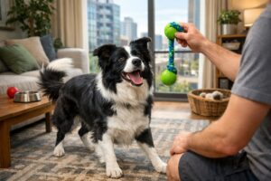 A Border Collie playing with a person inside a bright apartment living room with furniture and plants.