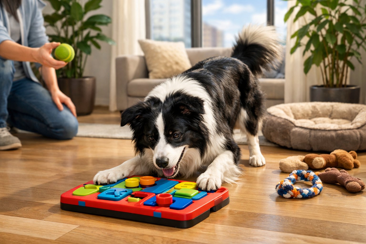 A Border Collie playing with a puzzle toy on the floor of a bright, modern apartment living room while a person throws a ball to it.