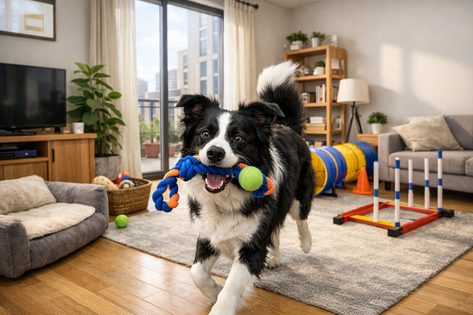 A Border Collie playing with a toy inside a bright, cozy apartment living room with dog-friendly features.